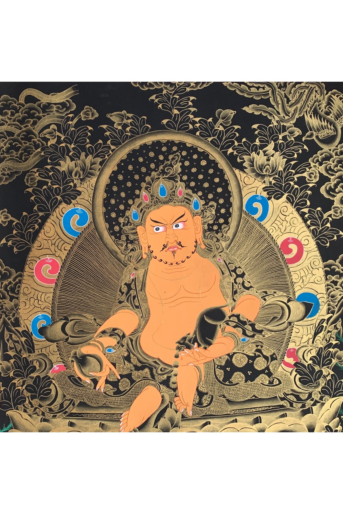 Large Jambhala Thangka | Hand-Painted Zambhala Kubera Wealth Deity with Silk Brocade