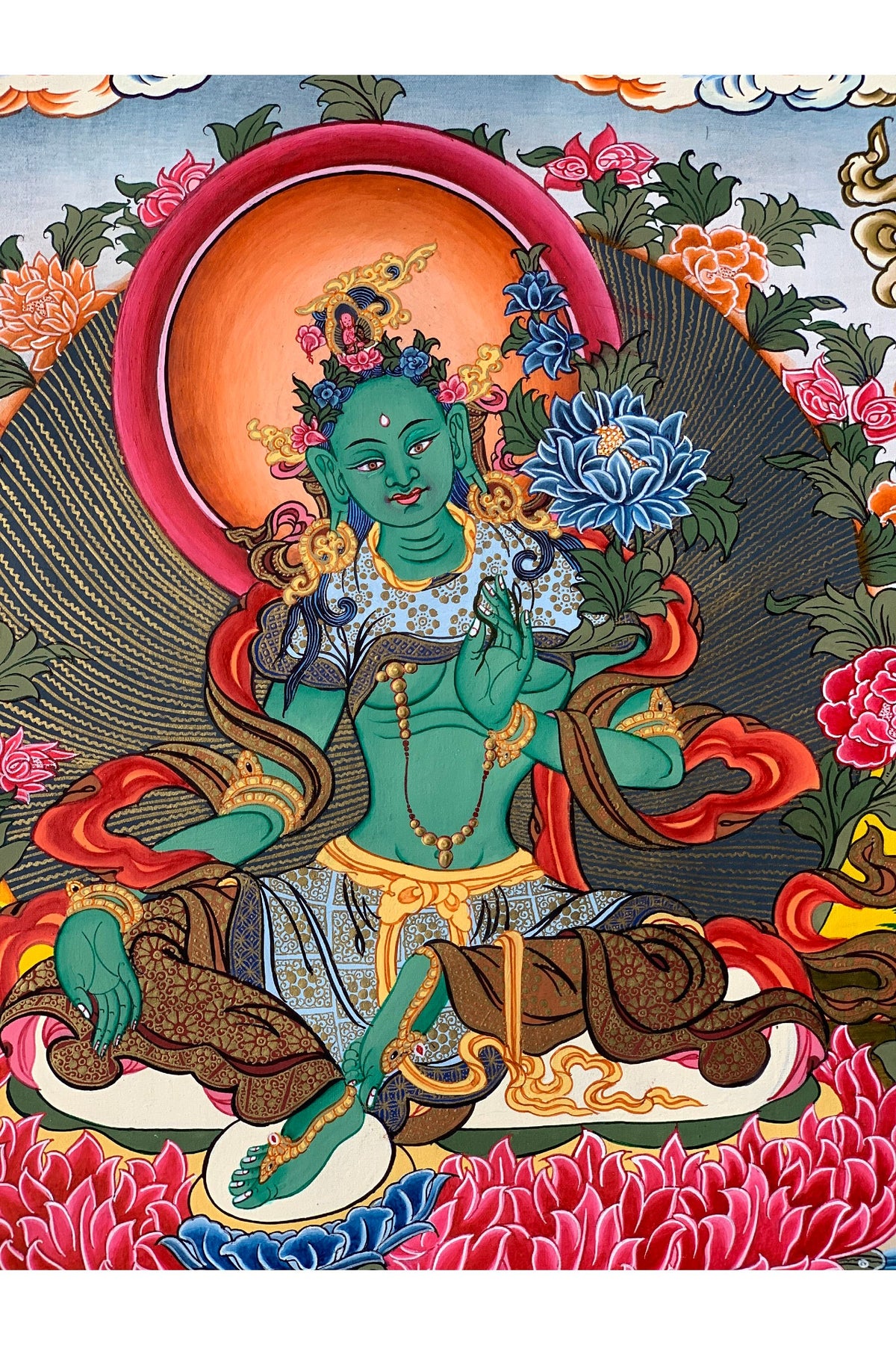 Hand-Painted 21 Green Tara Thangka Painting on Silk Brocade