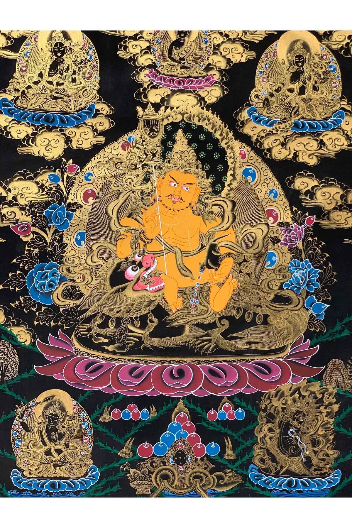 Large Jambhala Thangka | Hand-Painted Jambhala Wealth Deity Tibetan Art with Silk Brocade