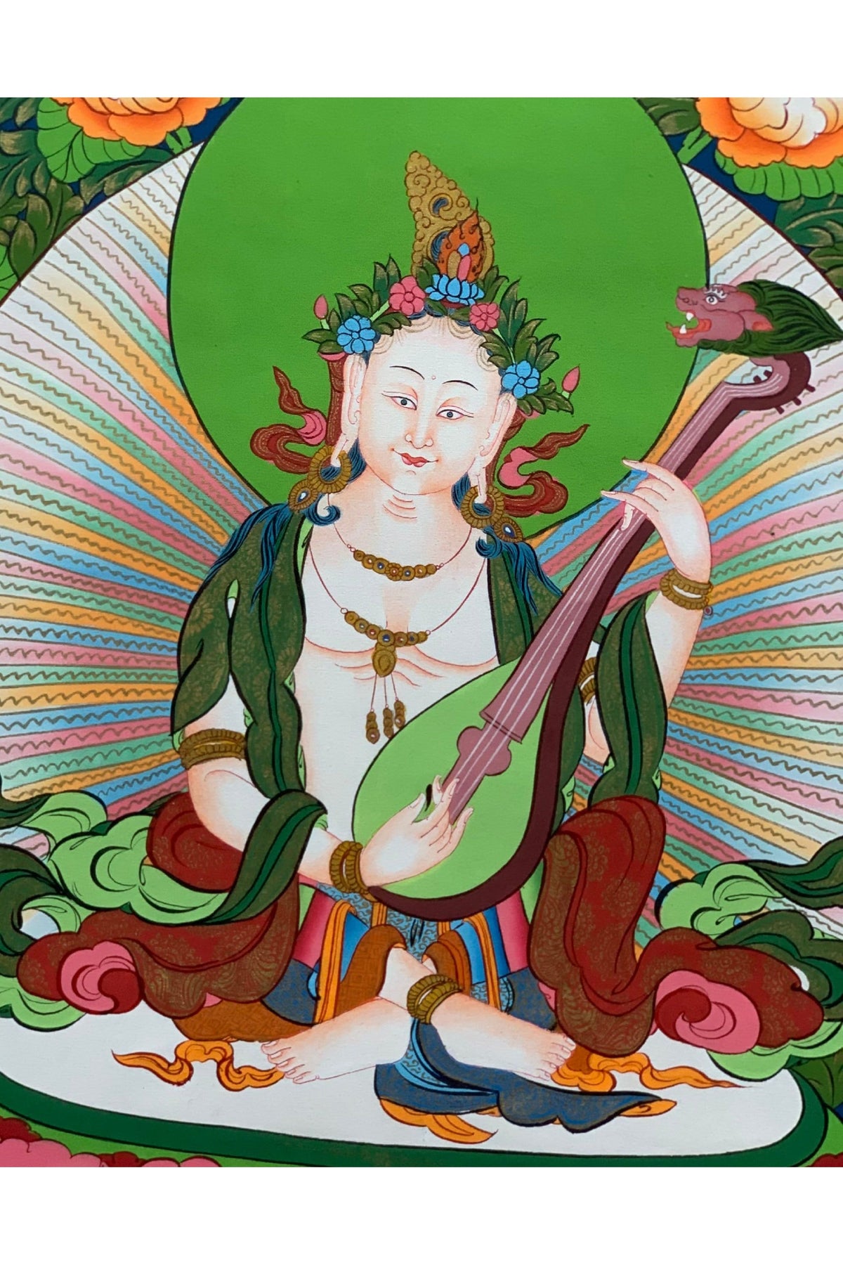 Hand-painted Saraswati, Goddess of Learning and Art, Music, Thangka Painting