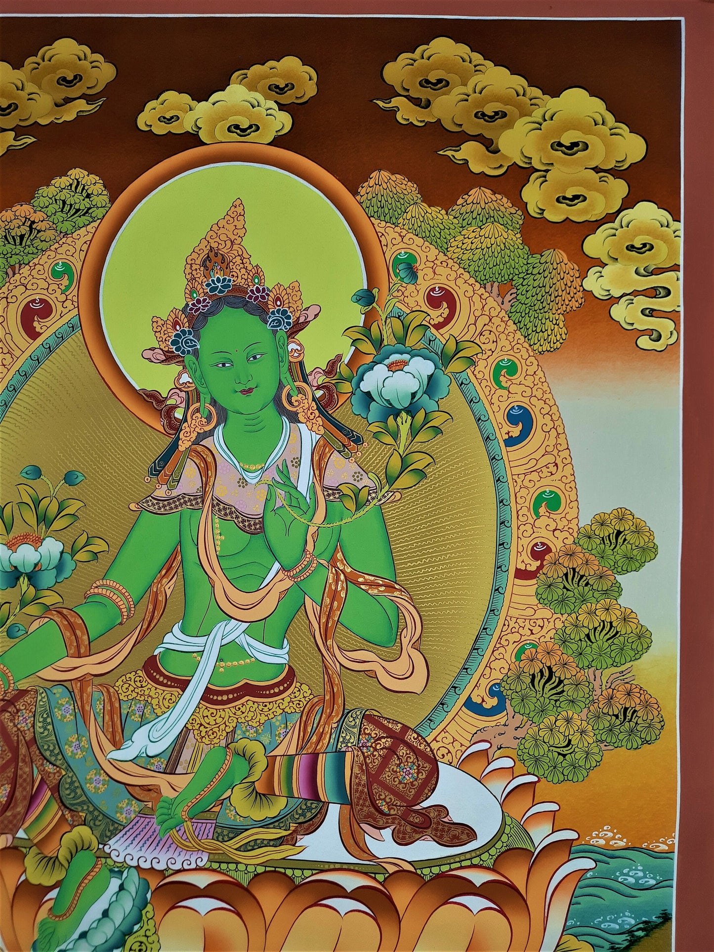 Hand-Painted Green Tara Gold Thangka | Compassion & Protection | Tibetan Buddhist Art