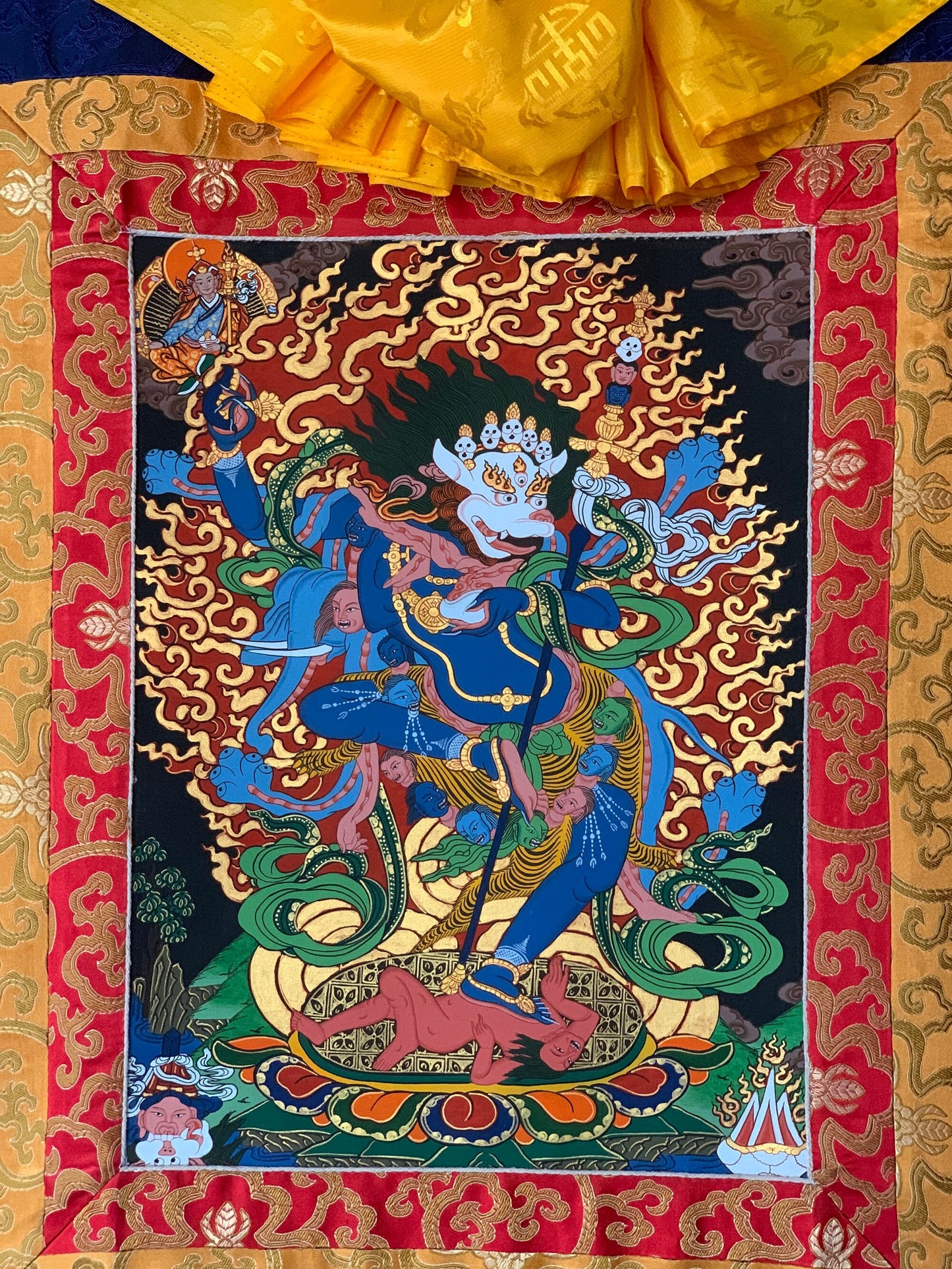 Hand-Painted Simhamukhi Thangka Painting with Silk Brocade