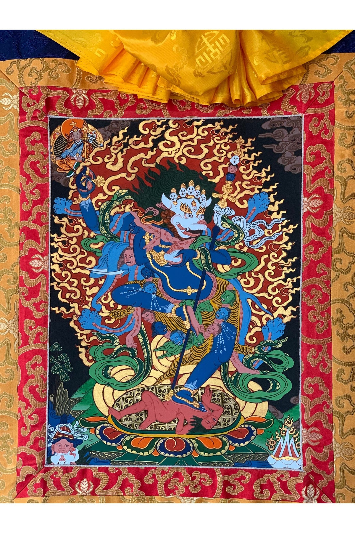 Hand-Painted Simhamukhi Thangka Painting with Silk Brocade