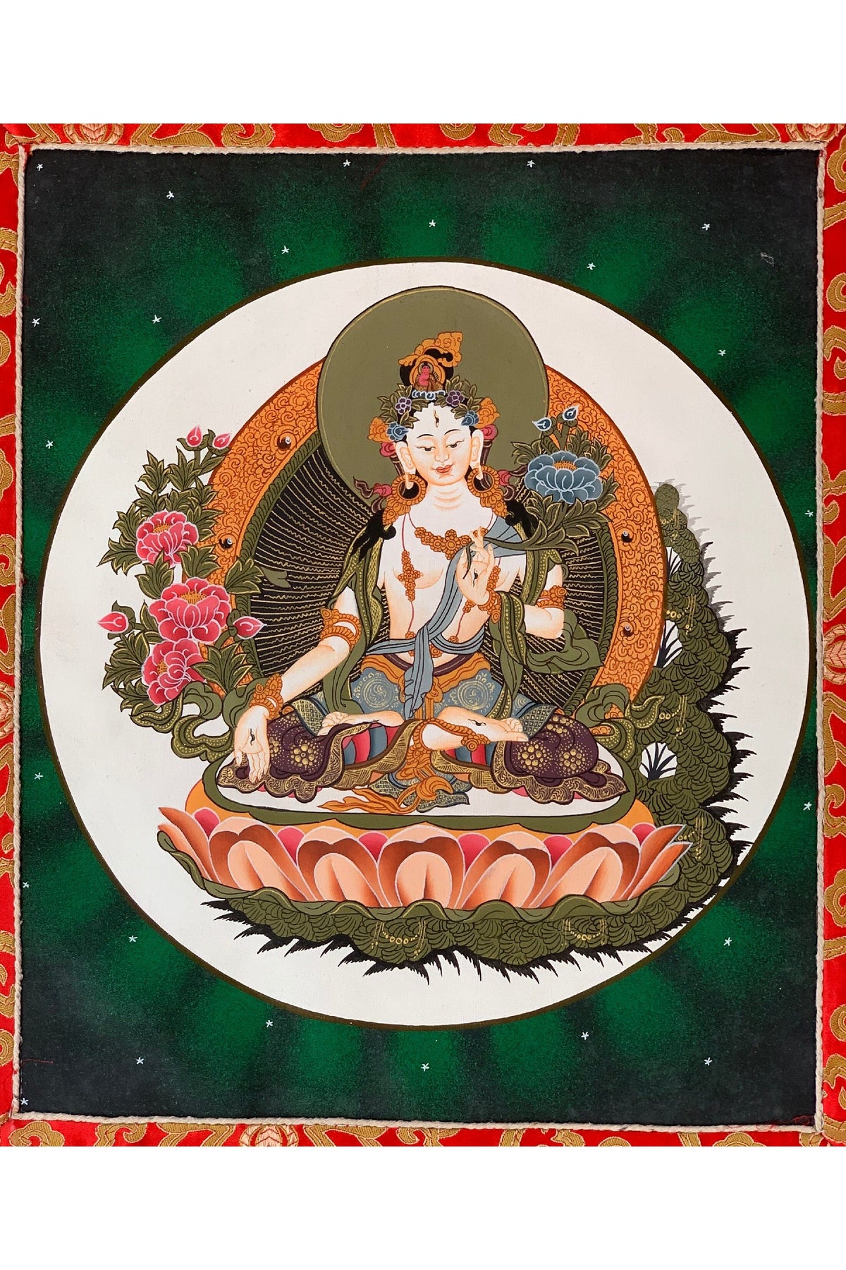 Hand-painted White Tara, Mother Goddess, Thangka, Art, Painting with Silk Brocade