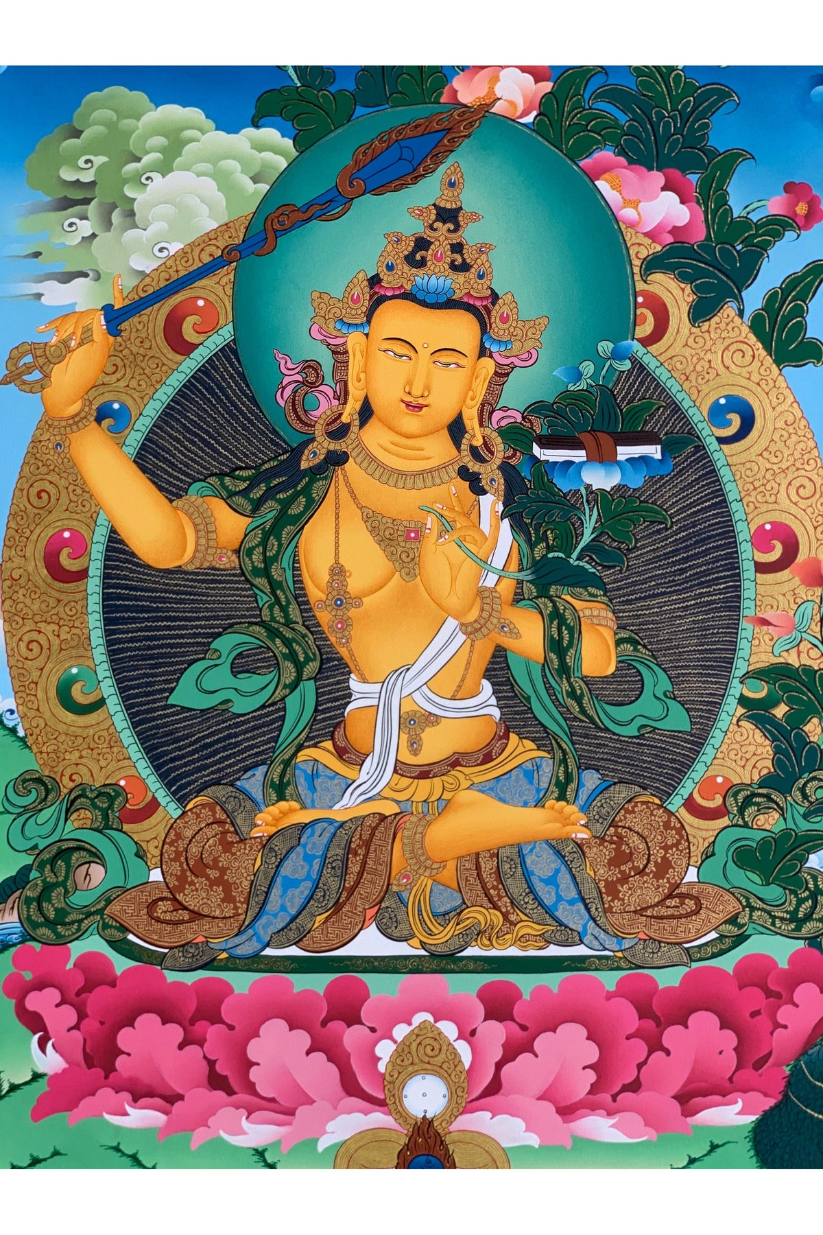 Manjushri Bodhisattva Thangka Painting - Wisdom Deity 24K Gold Hand-Painted Buddhist Art