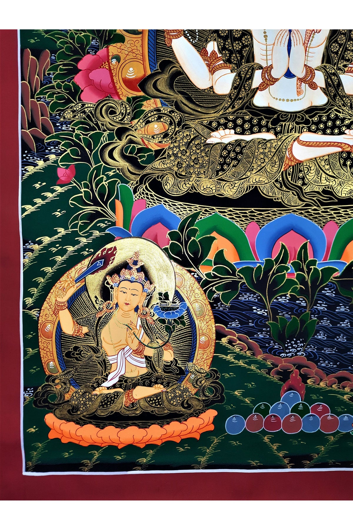 Hand-Painted Chenrezig Thangka: Tibetan Compassion Buddha Wall Hanging