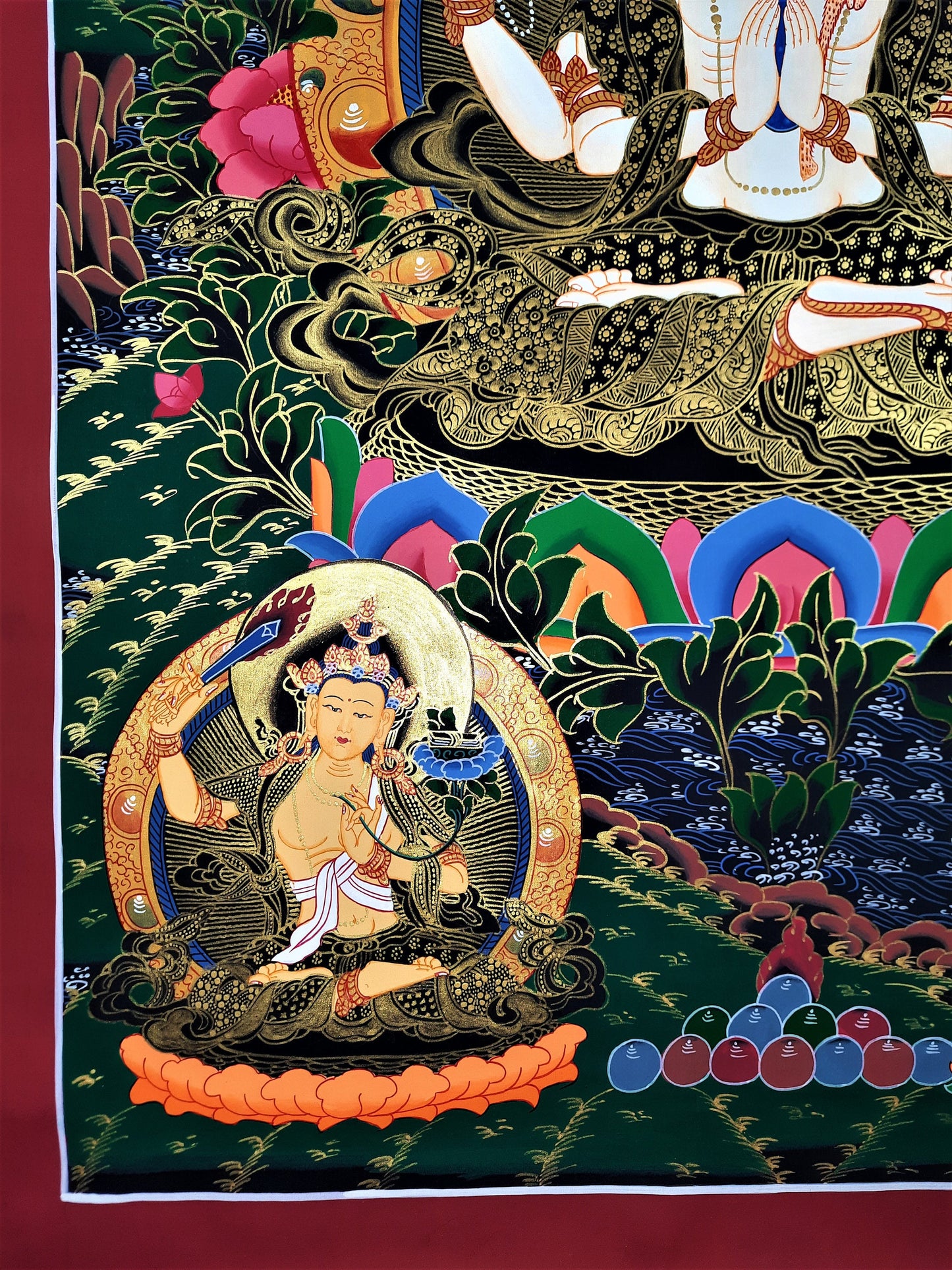 Hand-Painted Chenrezig Thangka: Tibetan Compassion Buddha Wall Hanging