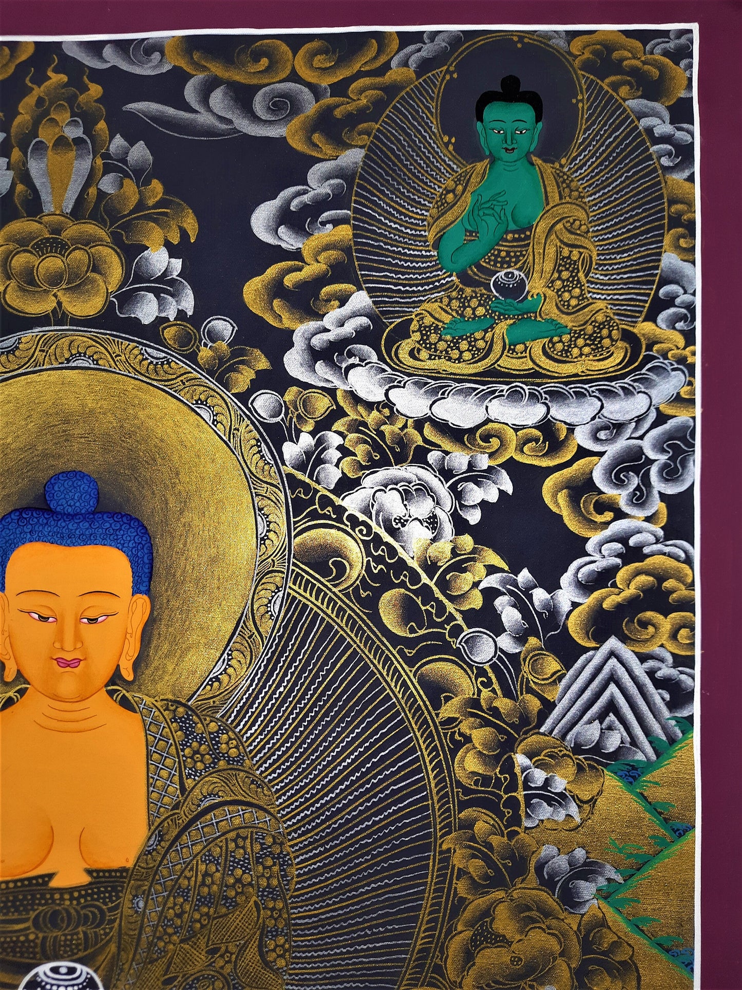 Hand Painted Shakyamuni Buddha Thangka - Five Dhyani Buddha Painting, Tibetan Art (23.5" x 17.5")