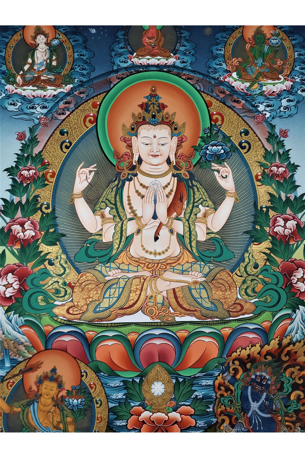 Hand-Painted 4-Armed Avalokiteshvara Thangka | 24K Gold Chenrezig Tibetan Buddhist Art | Compassion Meditation Painting