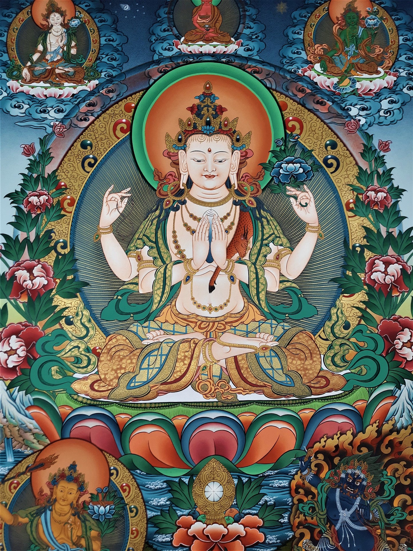 Hand-Painted 4-Armed Avalokiteshvara Thangka | 24K Gold Chenrezig Tibetan Buddhist Art | Compassion Meditation Painting