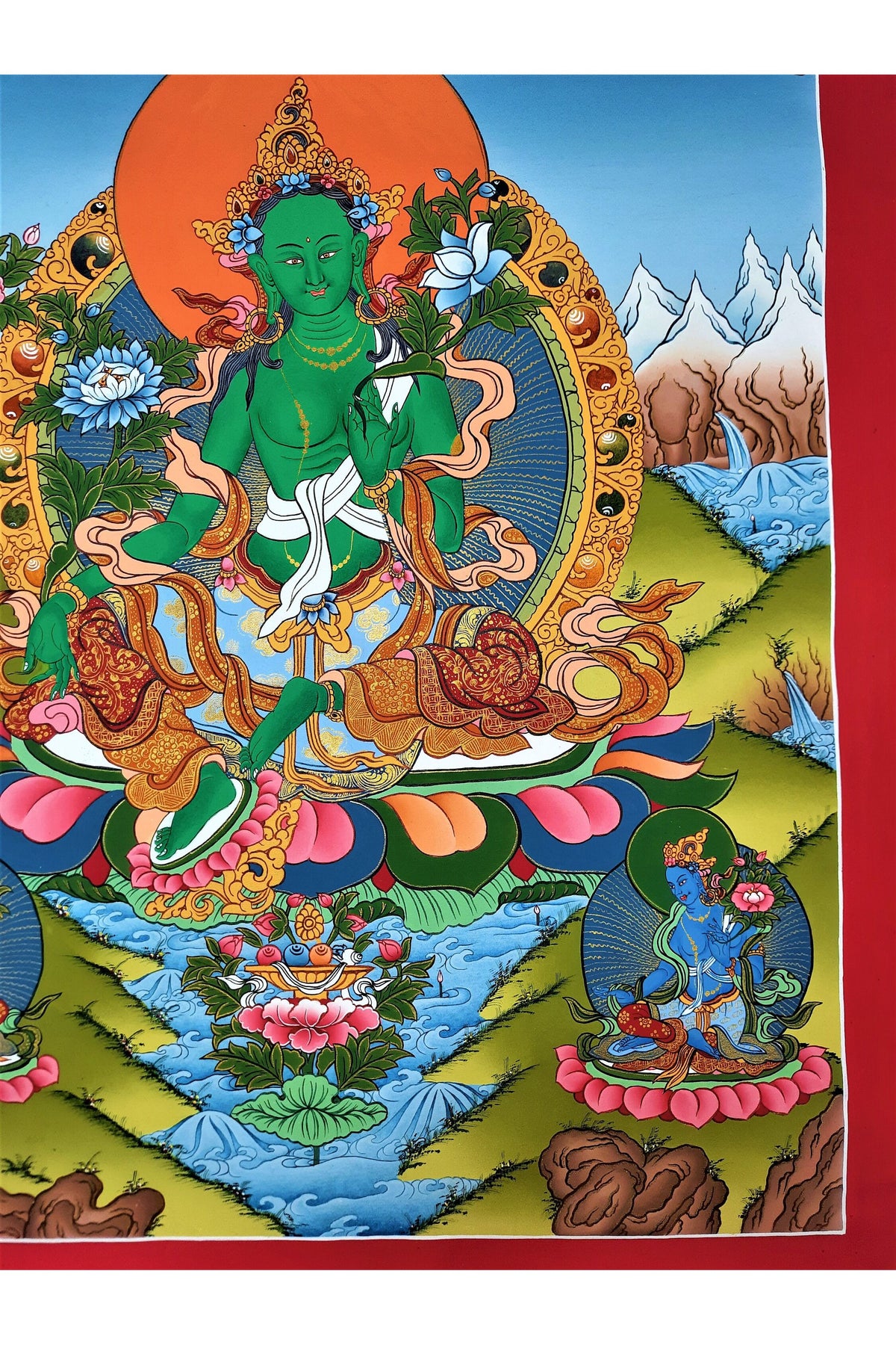 Hand Painted Green Tara Thangka Painting, Tibetan Art, 17" x 24"