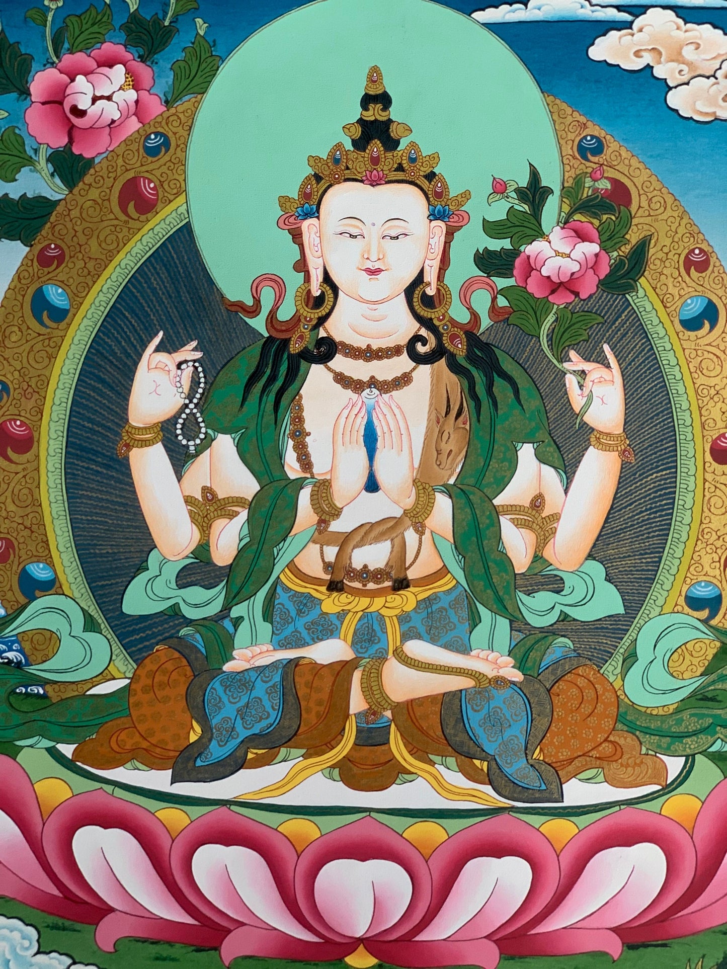 Hand-Painted Four-Armed Avalokiteshvara Thangka | Chenrezig Tibetan Buddhist Art | Masterpiece from Nepal