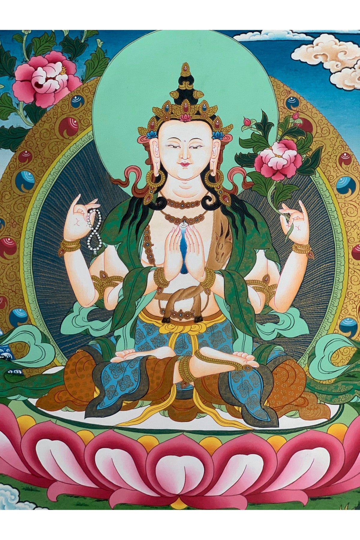 Hand-Painted Four-Armed Avalokiteshvara Thangka | Chenrezig Tibetan Buddhist Art | Masterpiece from Nepal