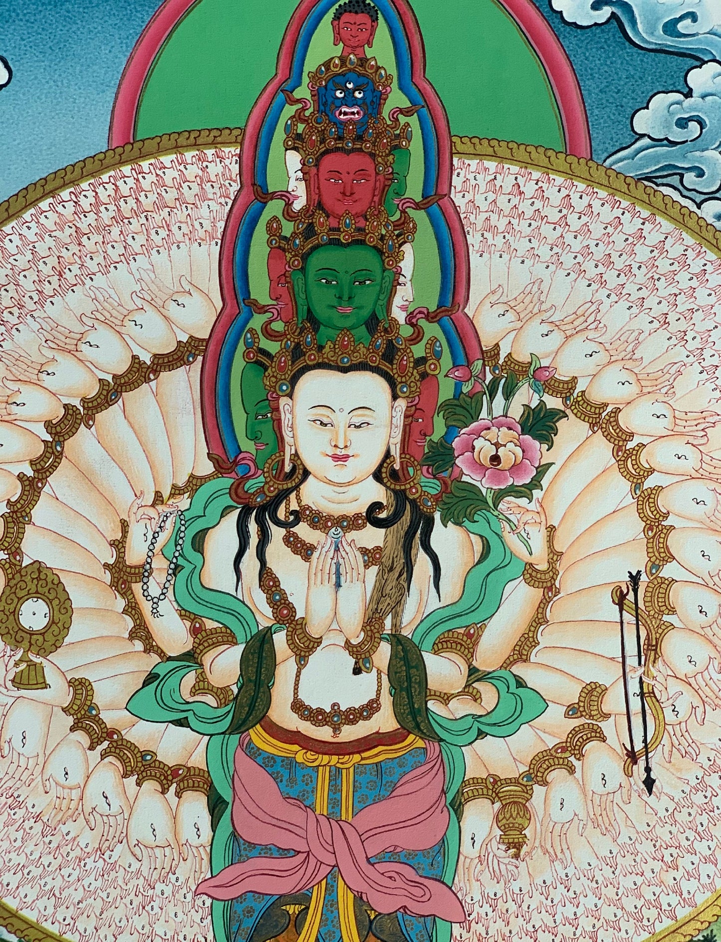 Hand-Painted Thousand-Armed Avalokiteshvara Thangka with Silk Brocade (Option)