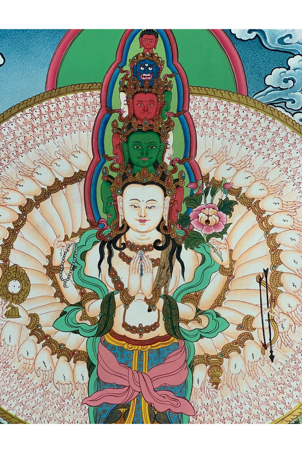 Hand-Painted Thousand-Armed Avalokiteshvara Thangka with Silk Brocade (Option)