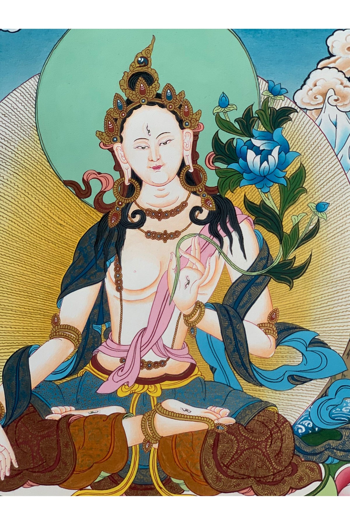 Hand-Painted White Tara Thangka, Tibetan Meditation Art (18x24 inch)