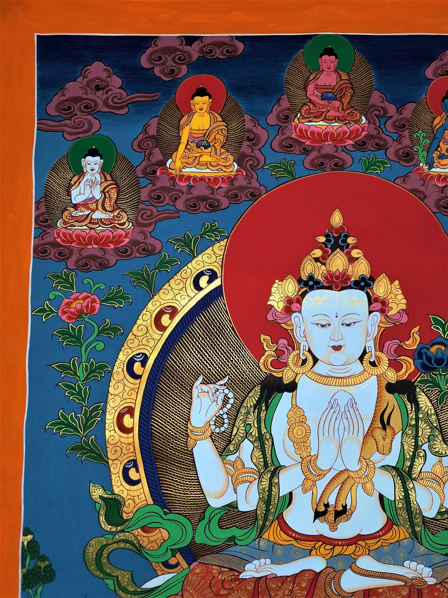 Original Hand-Painted Four-Armed Avalokiteshvara Chenrezig/ Chyangresi Large Masterpiece Tibetan Thangka Painting