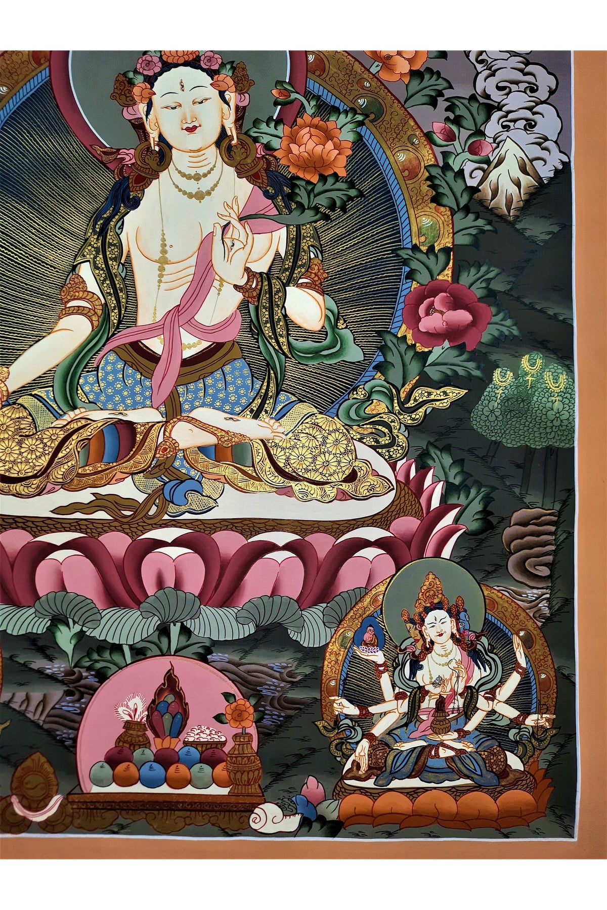 Hand Painted White Tara Thangka, Tibetan Mother Goddess Canvas (28x20.5)