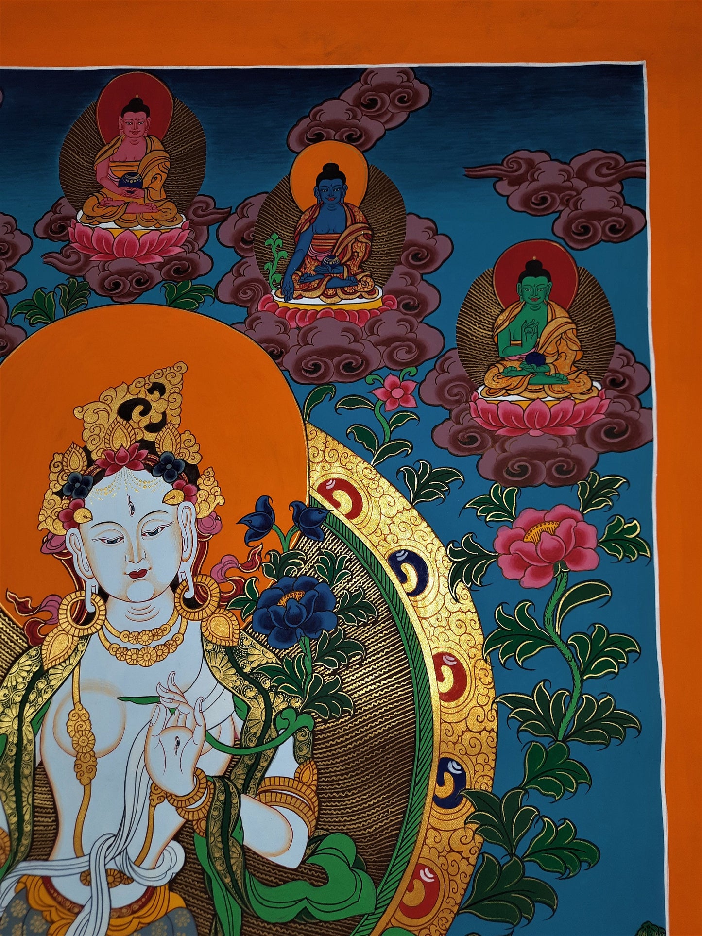 Hand-Painted White Tara Thangka: Tibetan Mother Goddess Wall Hanging