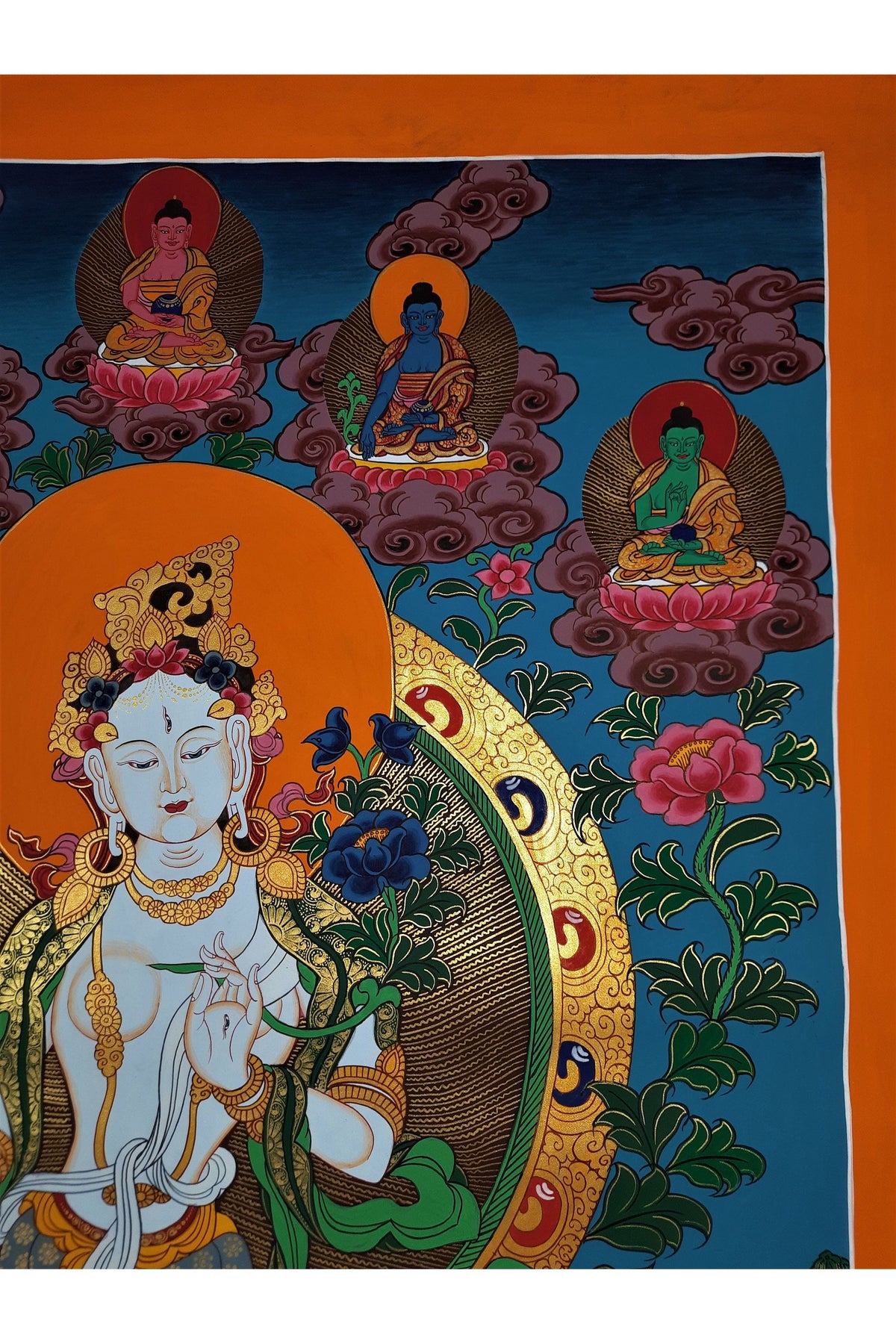 Hand-Painted White Tara Thangka: Tibetan Mother Goddess Wall Hanging