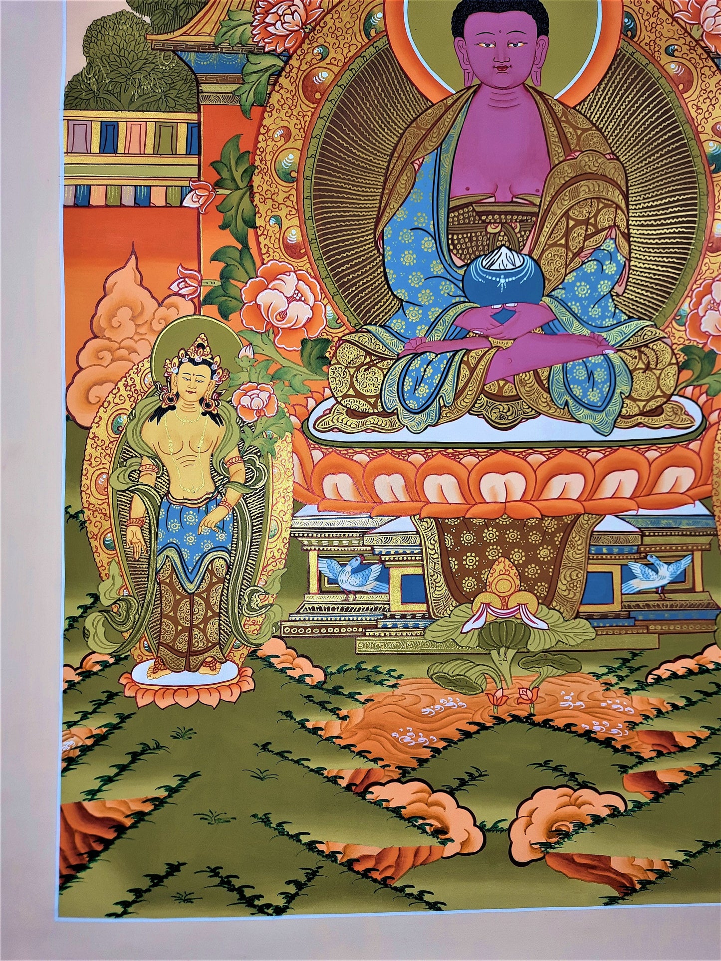 Hand-Painted Amitabha Buddha Thangka – Tibetan Meditation Art, 27x18