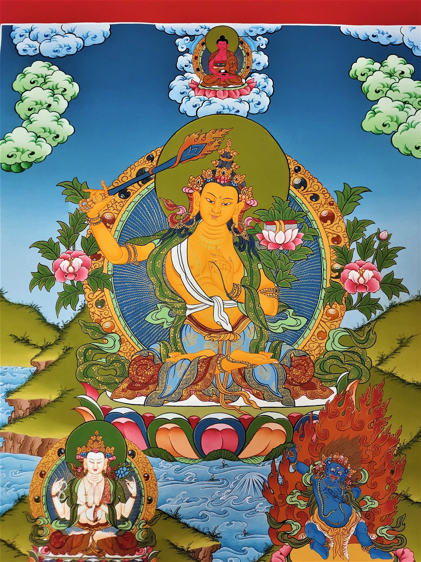 Hand-Painted Manjushree Thanka Painting, Tibetan God of Wisdom Art