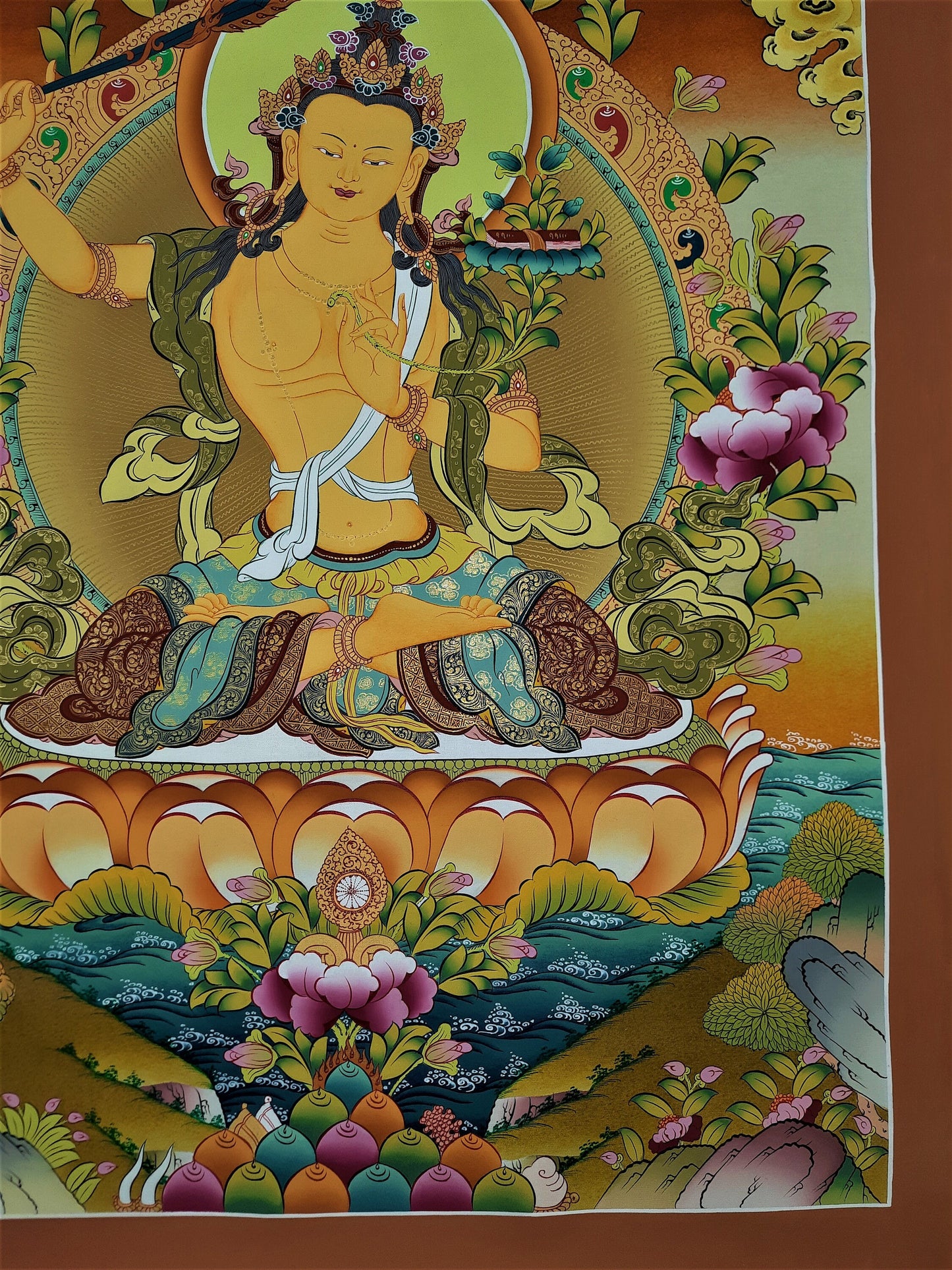 Hand-Painted Manjushree Thangka, 24k Gold Tibetan Art, Nepal
