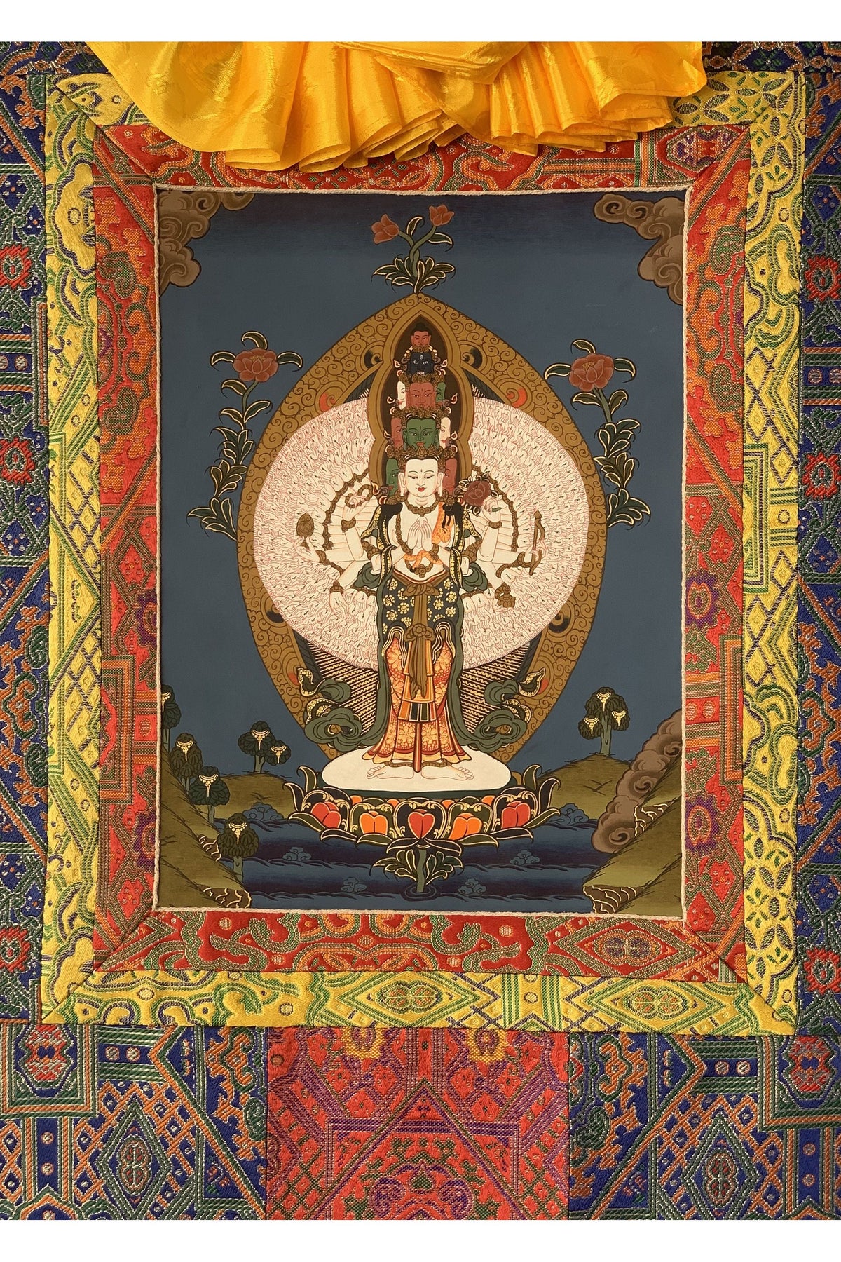 Hand-painted 1000 Armed Avalokiteshvara, Chenrezig, Original Tibetan Thangka Painting with Silk Brocade