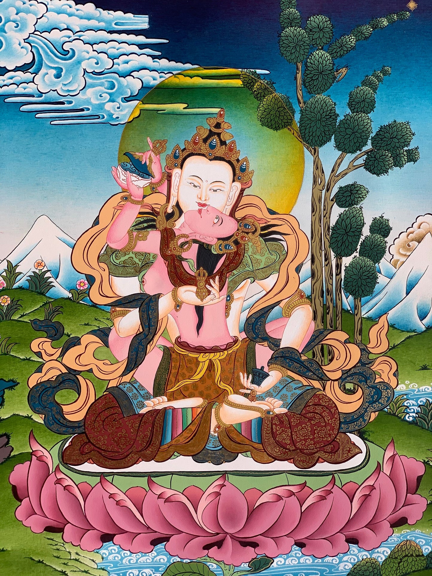 Vajrasattva and Shakti Yab Yum - Tibetan Thangka Painting for Meditation and Spiritual Décor