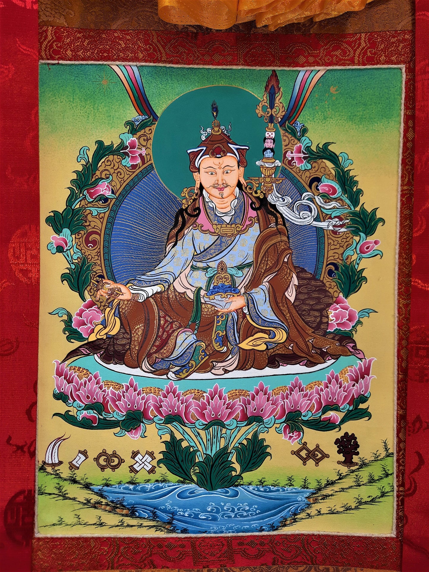 Guru Rinpoche Thangka Painting, 24k Gold, Framed Tibetan Art