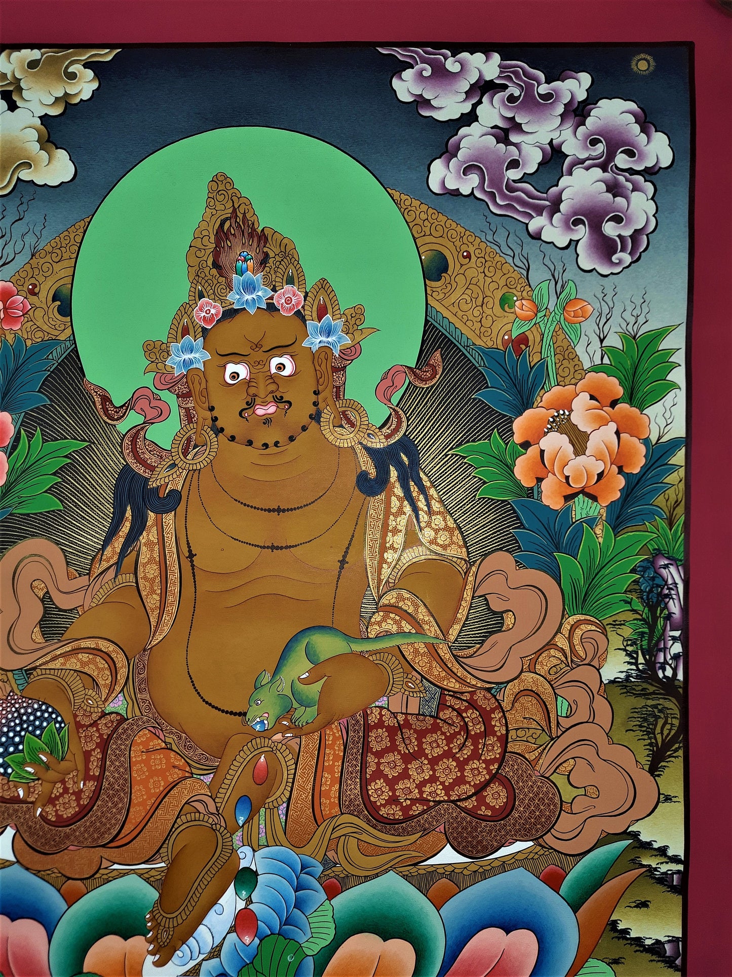 Hand Painted Jambhala Thangka: God of Wealth, 24k Gold, Tibetan Art