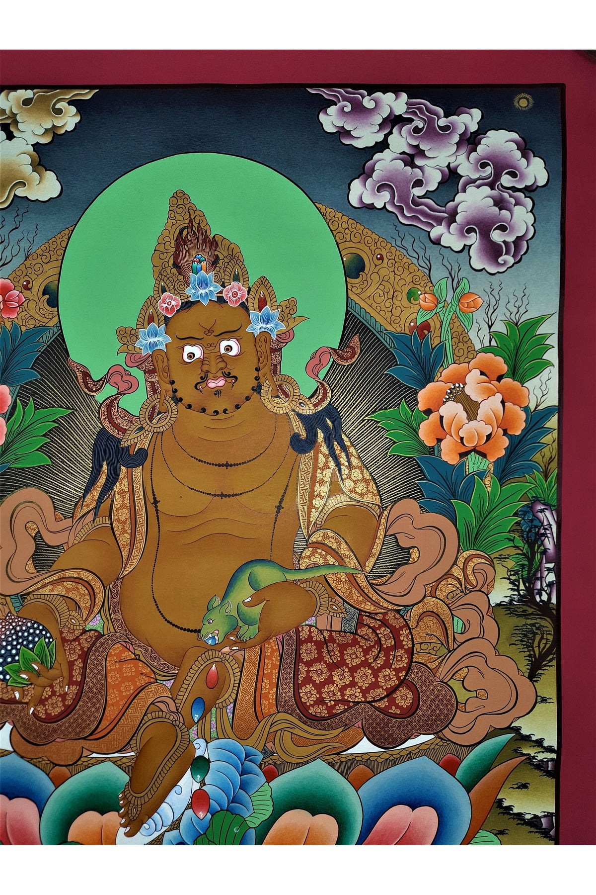 Hand Painted Jambhala Thangka: God of Wealth, 24k Gold, Tibetan Art
