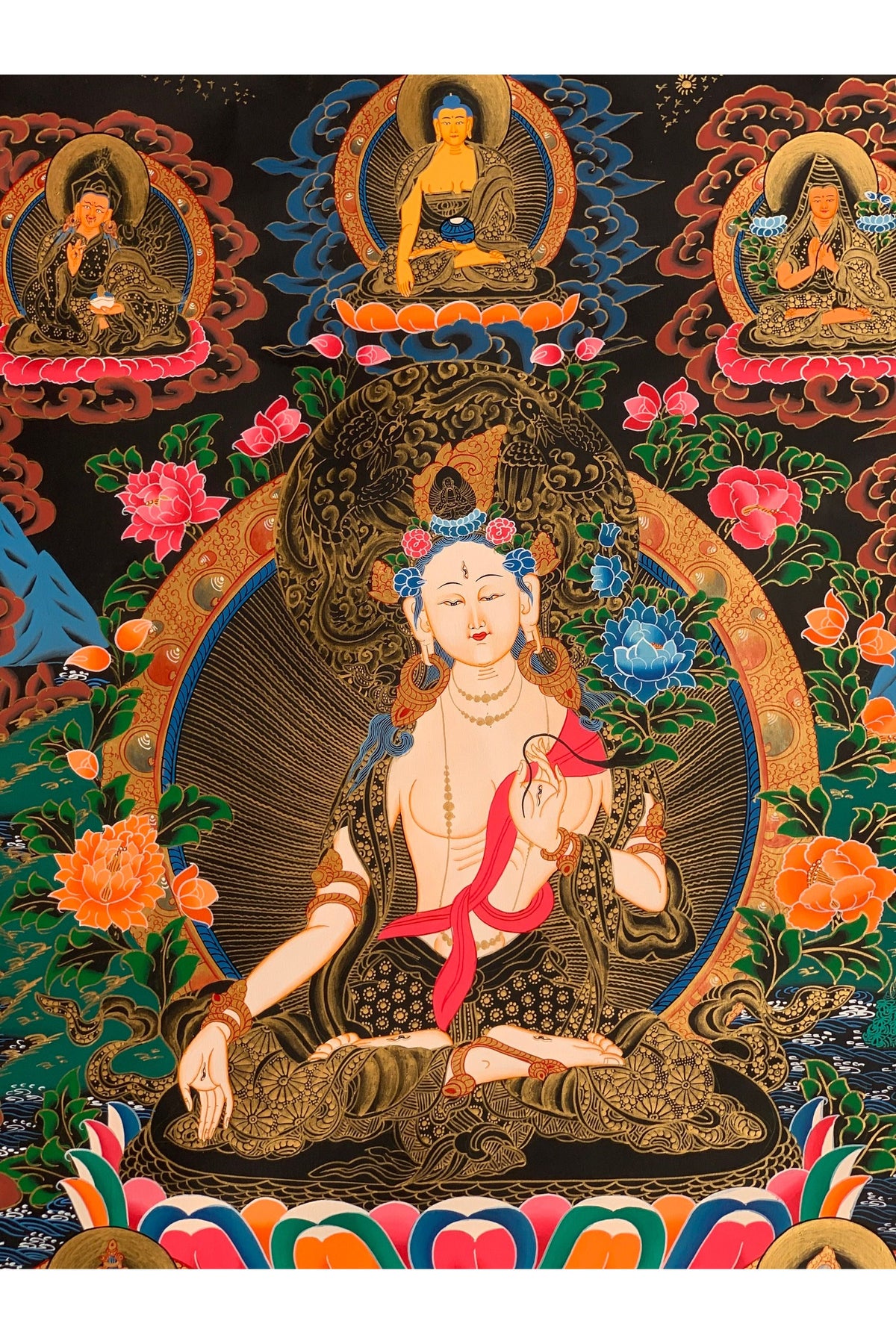 Hand-Painted White Tara Thangka with Silk Brocade - Tibetan Goddess of Compassion and Long Life