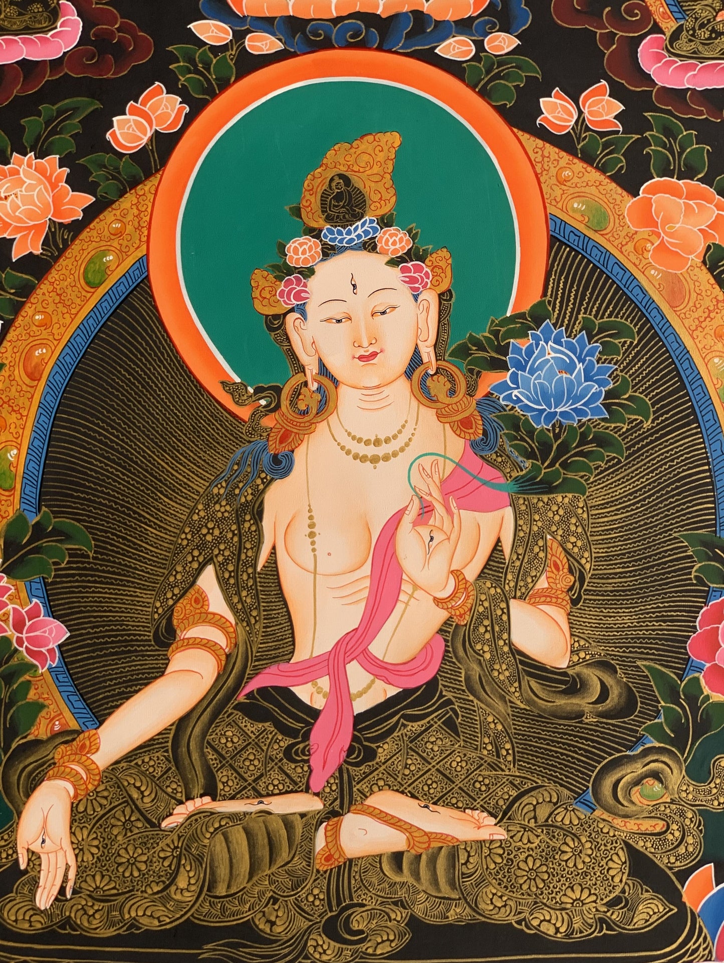 Hand-Painted White Tara Thangka with Silk Brocade - Seven Eyes Tibetan Goddess of Compassion