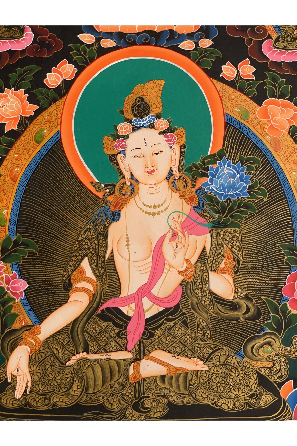 Hand-Painted White Tara Thangka with Silk Brocade - Seven Eyes Tibetan Goddess of Compassion