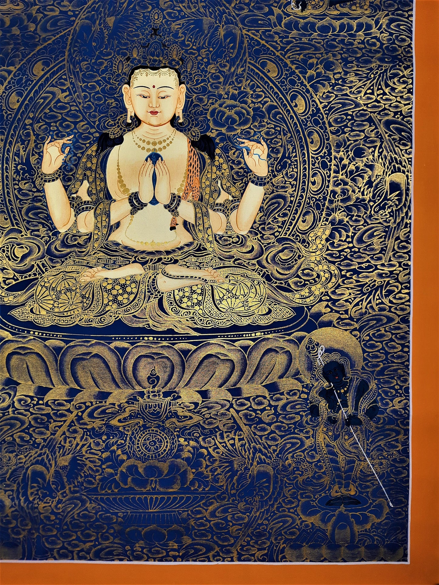 Hand-Painted Avalokiteshvara Thangka Painting, Fine Art from Nepal (17.7x24 inch)