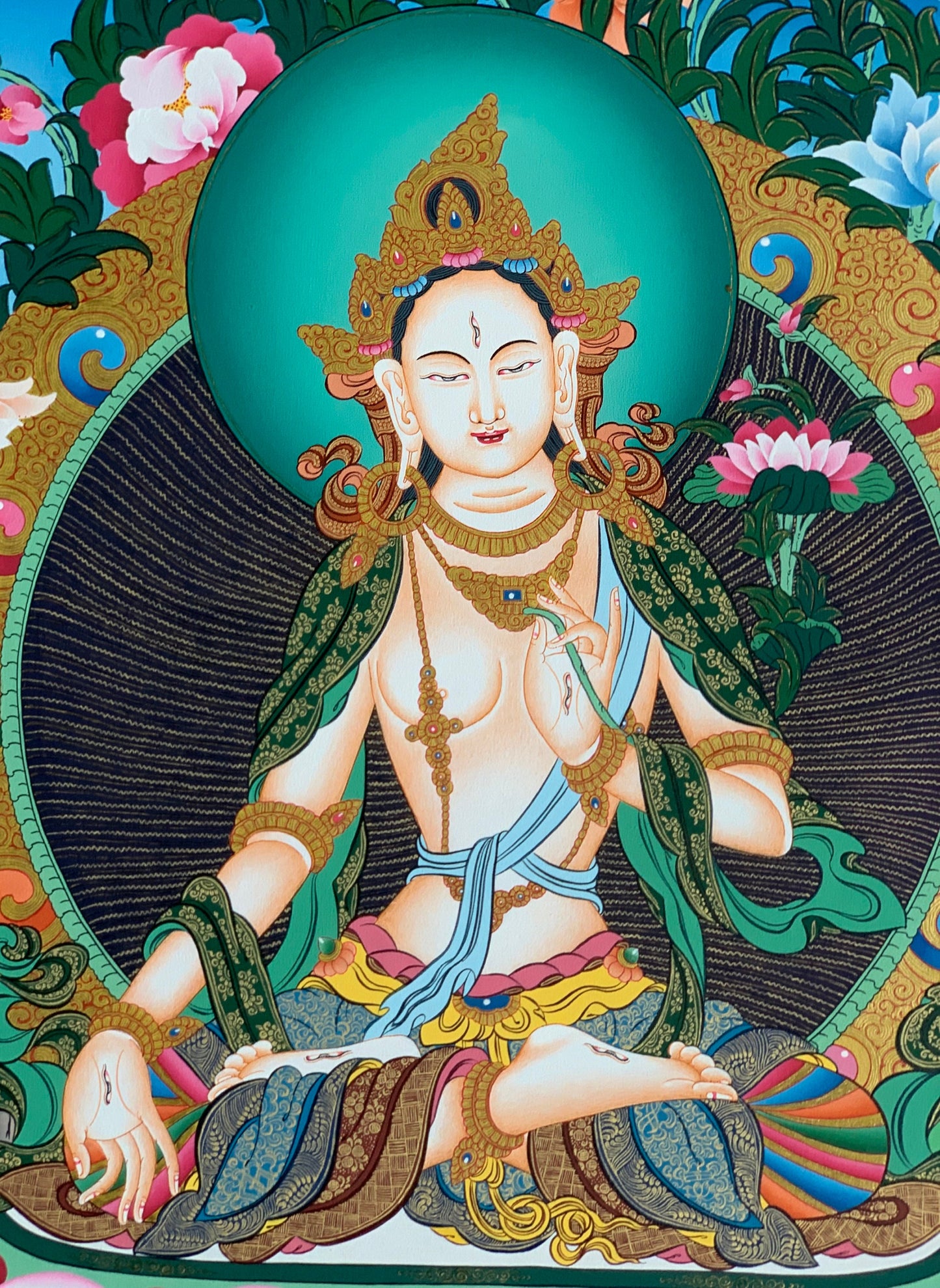 Hand-Painted White Tara Thangka Painting, 24K Gold Tibetan Art