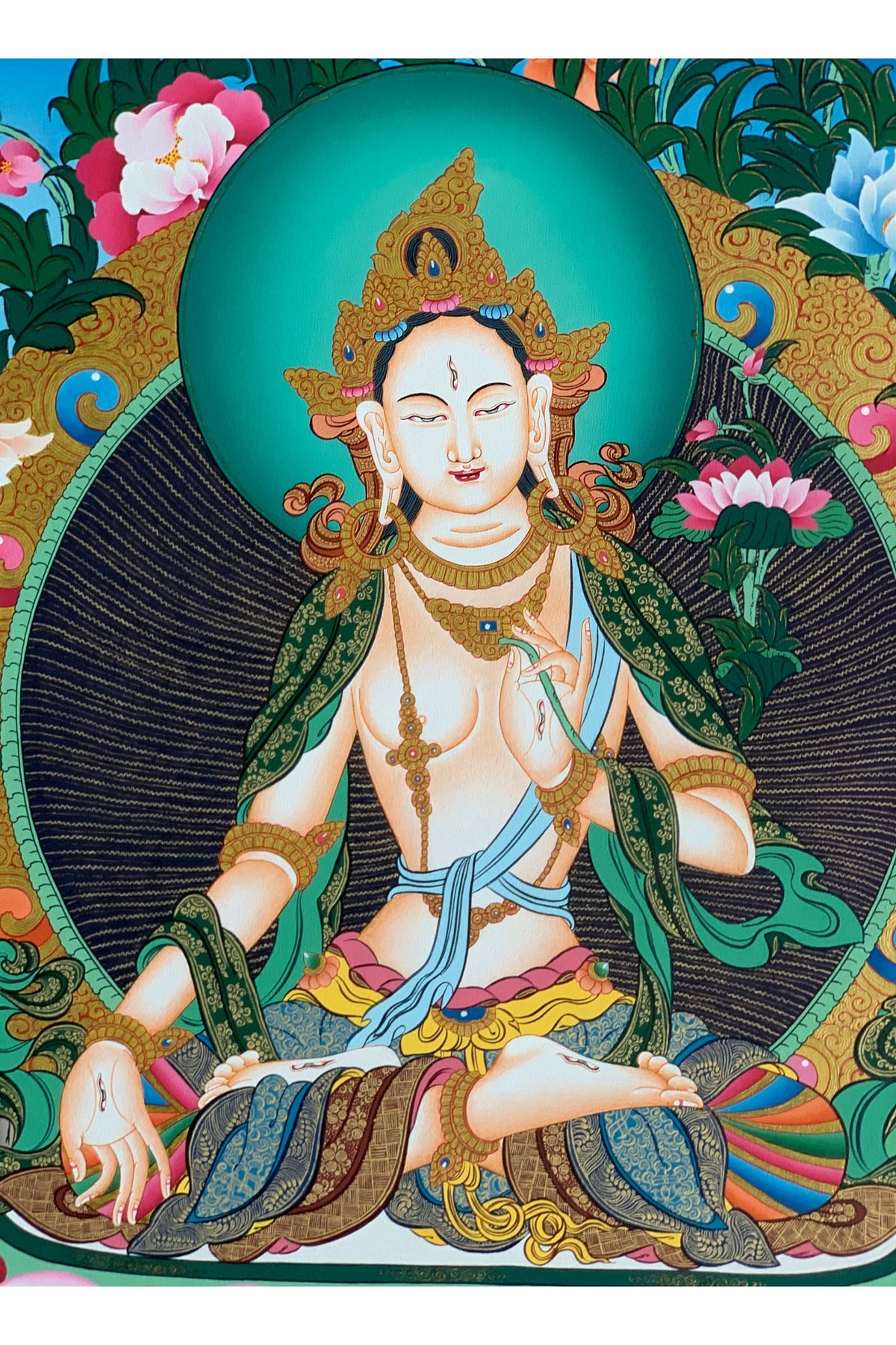 Hand-Painted White Tara Thangka Painting, 24K Gold Tibetan Art