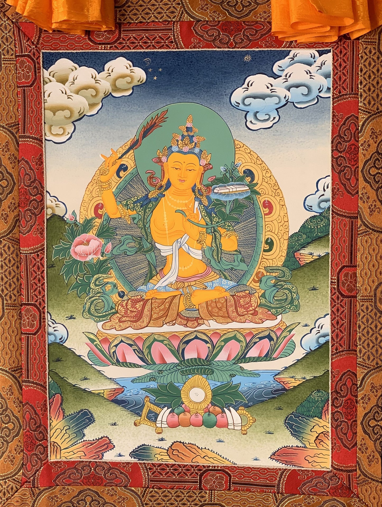 Hand-Painted Manjushree Thangka | Tibetan Buddhist Art with Silk Brocade
