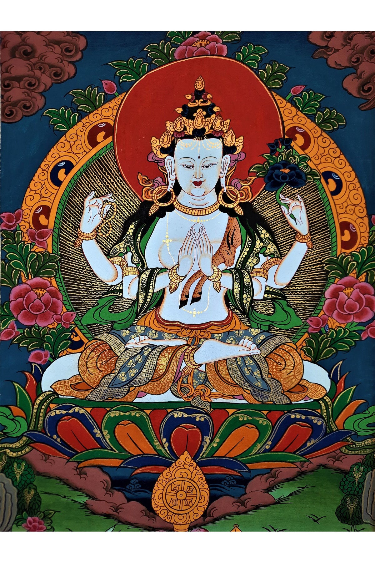 Hand-Painted Chenrezig Thangka: Compassion Buddha, Tibetan Wall Hanging
