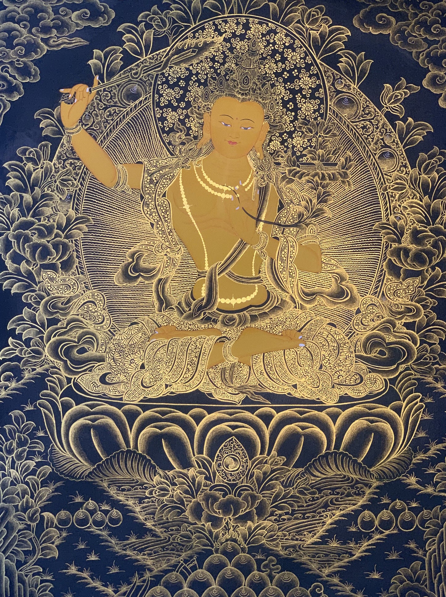Hand Painted Manjushri Thangka, Tibetan God of Wisdom Art
