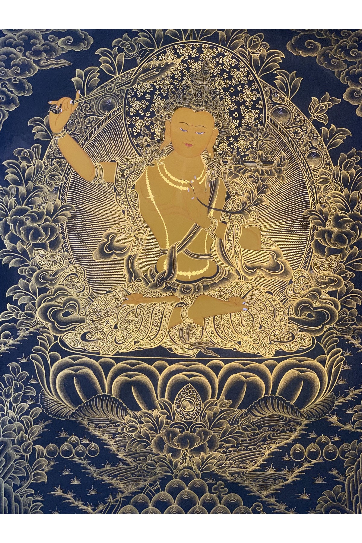 Hand Painted Manjushri Thangka, Tibetan God of Wisdom Art