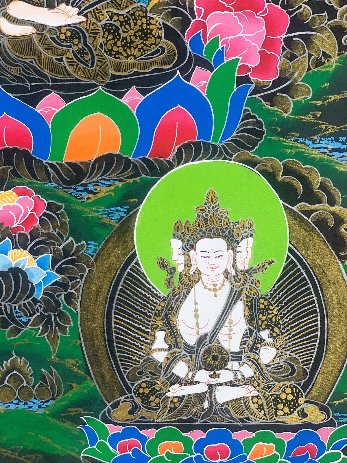 Hand-Painted White Manjushri Tibetan Thangka Painting Meditation Art (17 x 24 Inch)