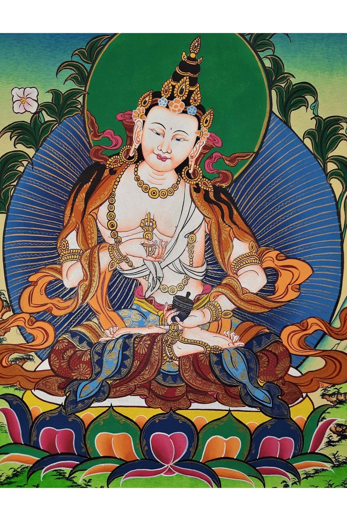 24K Gold Vajrasattva Thangka Painting, Meditation Art with Silk Frame
