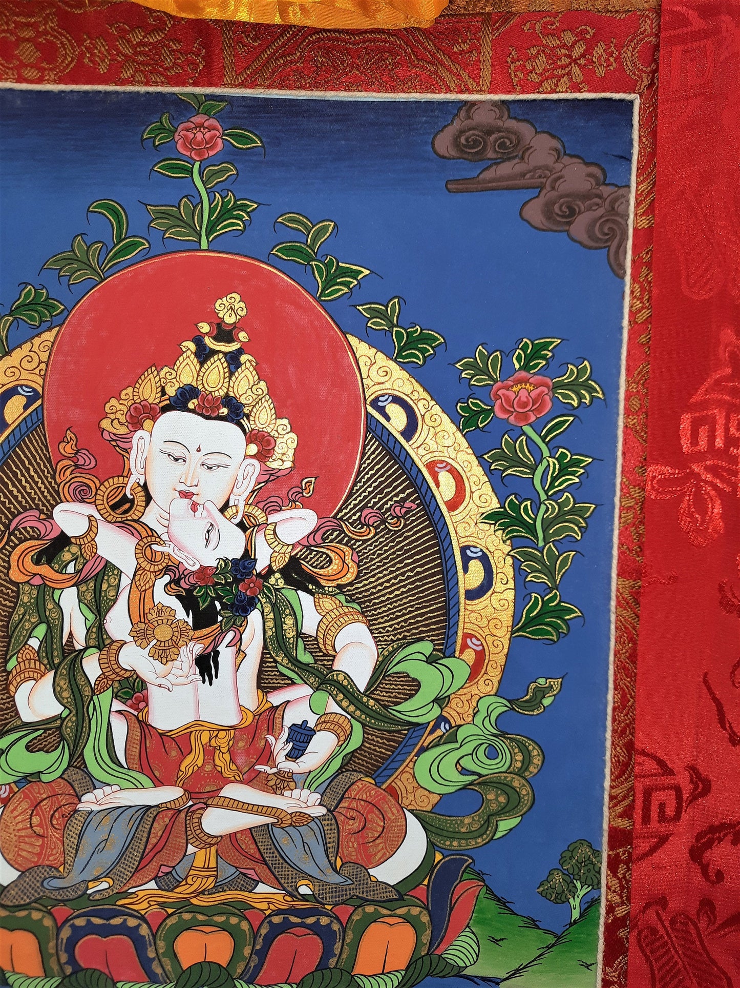 Hand-Painted Vajrasattva Shakti Thangka Painting, Silk Brocade Frame