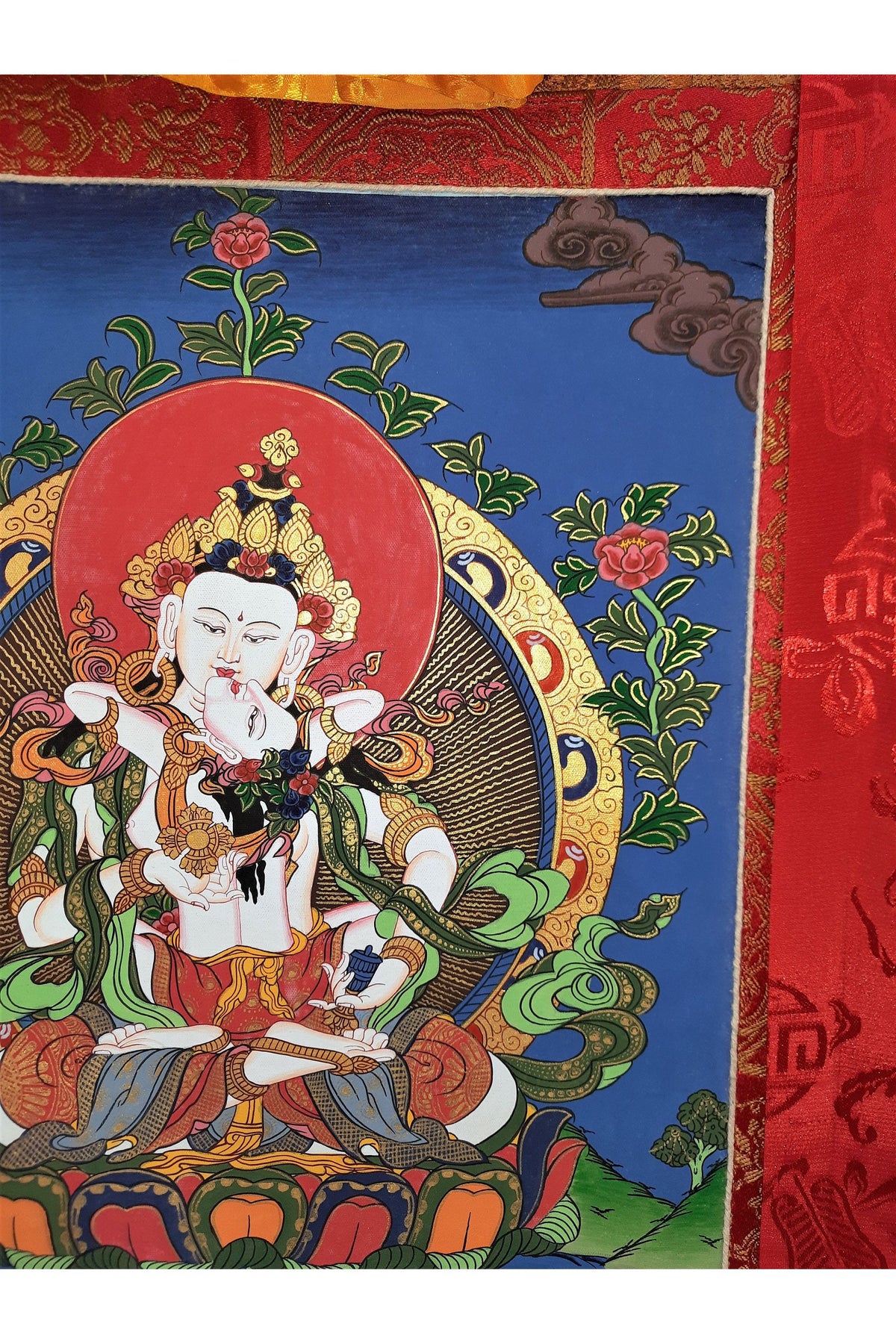 Hand-Painted Vajrasattva Shakti Thangka Painting, Silk Brocade Frame