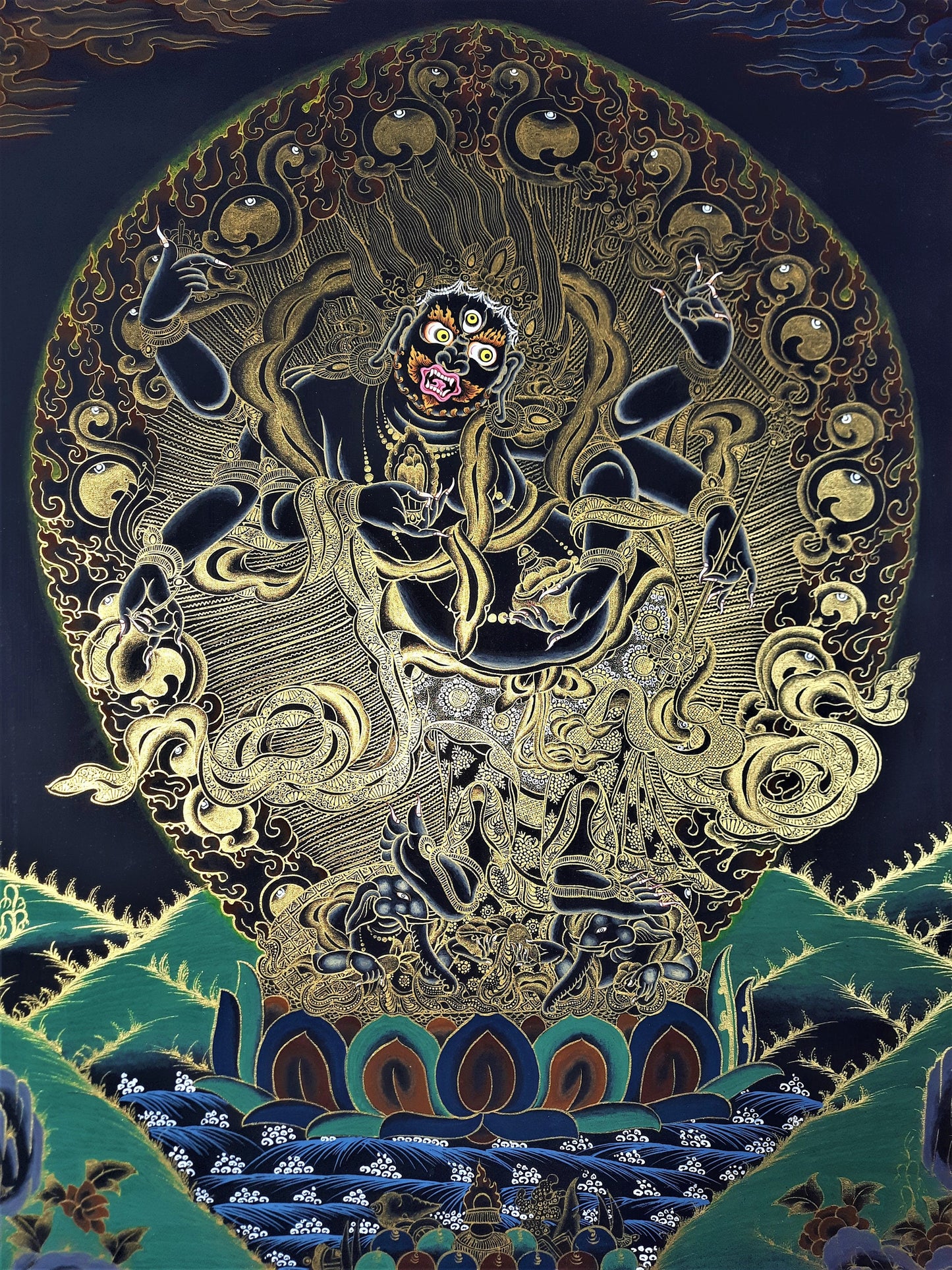 White Mahakala Thangka | Hand-Painted Six-Armed Tibetan Protector Deity Art | Silk Brocade