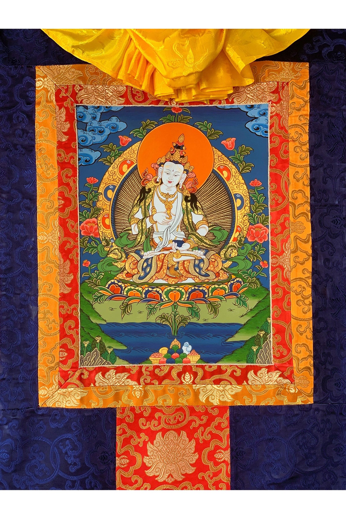 Hand-painted Vajrasattva, Dhyani Buddha, Purification, Thangka Painting with Silk Brocade