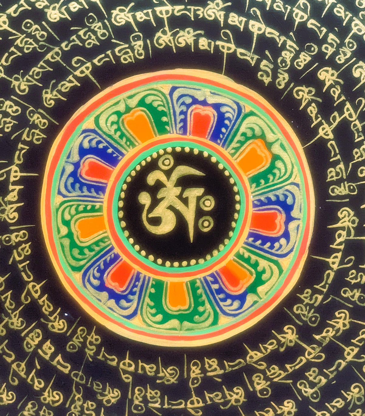 Hand Painted Rainbow Mantra Mandala Wheel of Time Black and Gold Tibetan Thangka Painting Original Art/Wall Hanging