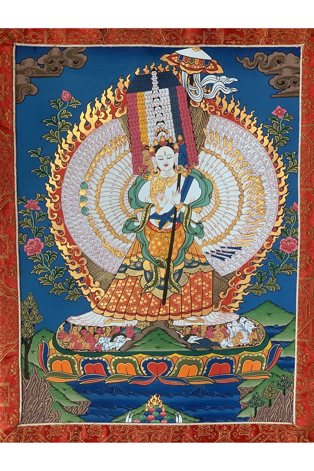 Hand-Painted Ushnisha Sitatatapatra Thangka – White Umbrella Goddess | Tibetan Buddhist Protection Art with Silk Brocade